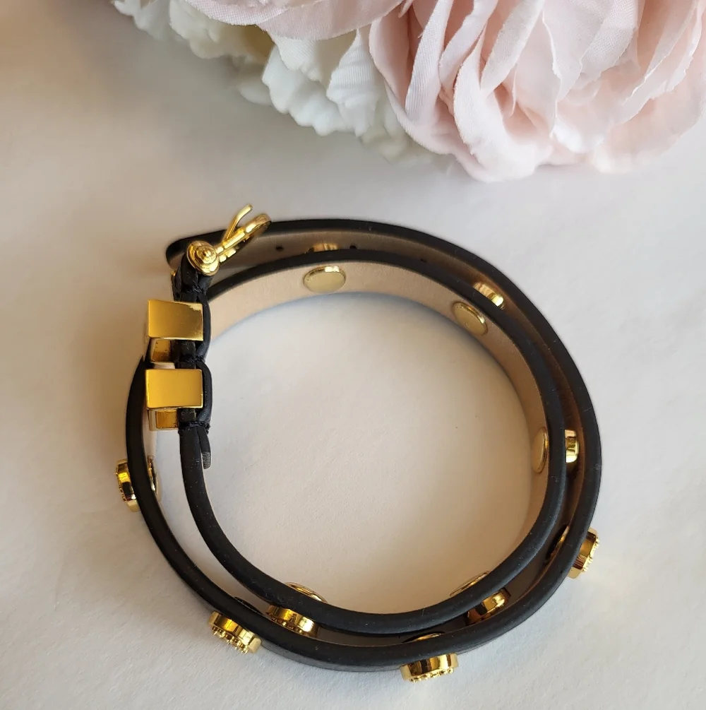 Rustic Cuff Black Leather Double Wrap Bracelet Studs Buckle Closure Goldtone - Picture 4 of 11